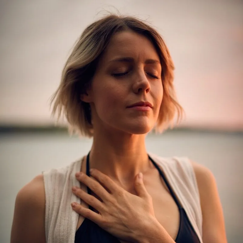 Home woman in white vest and black bikini with hand on chest
